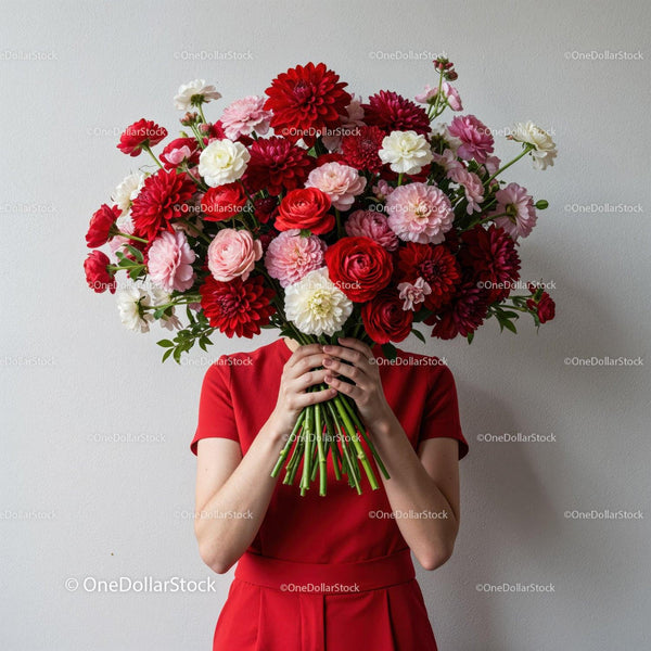 Woman Holding Large Bouquet of Colorful Flowers