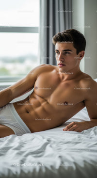 Young man relaxing shirtless on bed in morning light