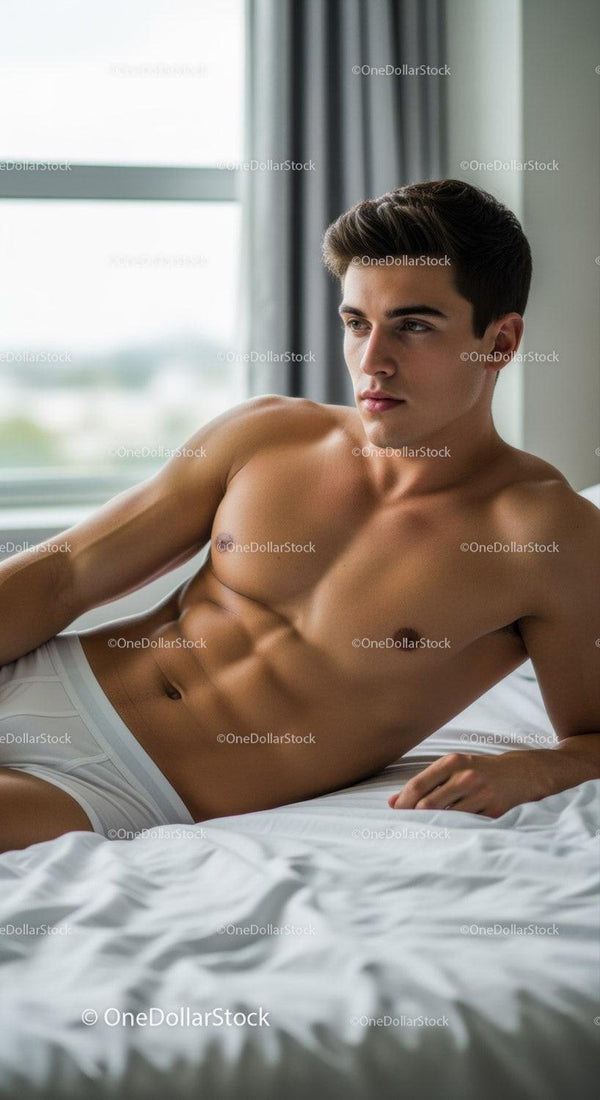 Young man relaxing shirtless on bed in morning light
