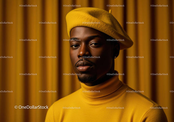 Stylish man wearing yellow beret and turtleneck sweater
