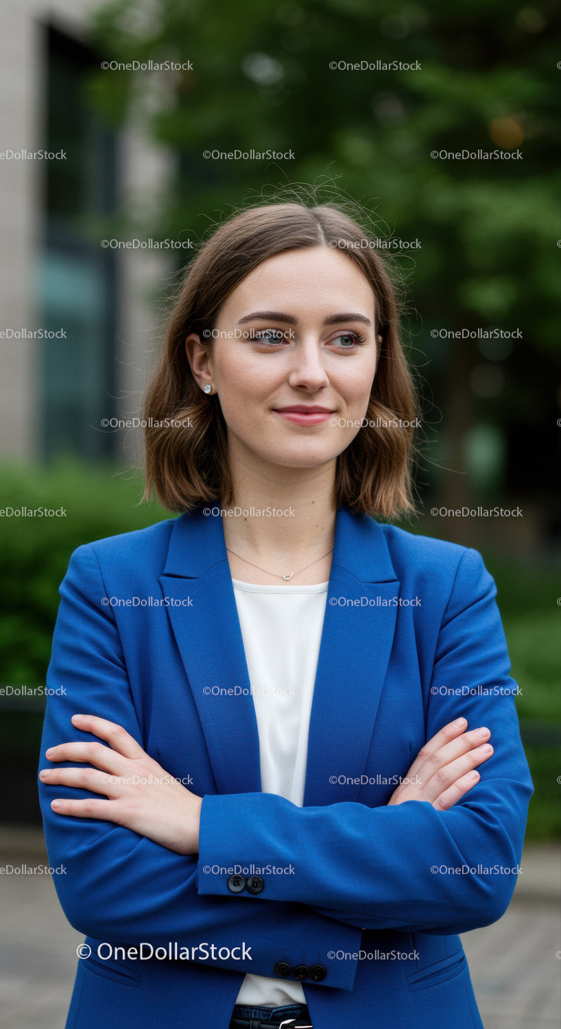 Pewna siebie bizneswoman w niebieskiej marynarce stojąca na zewnątrz