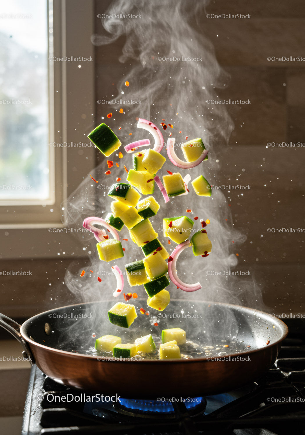 Fresh vegetables sizzling in a hot skillet with steam