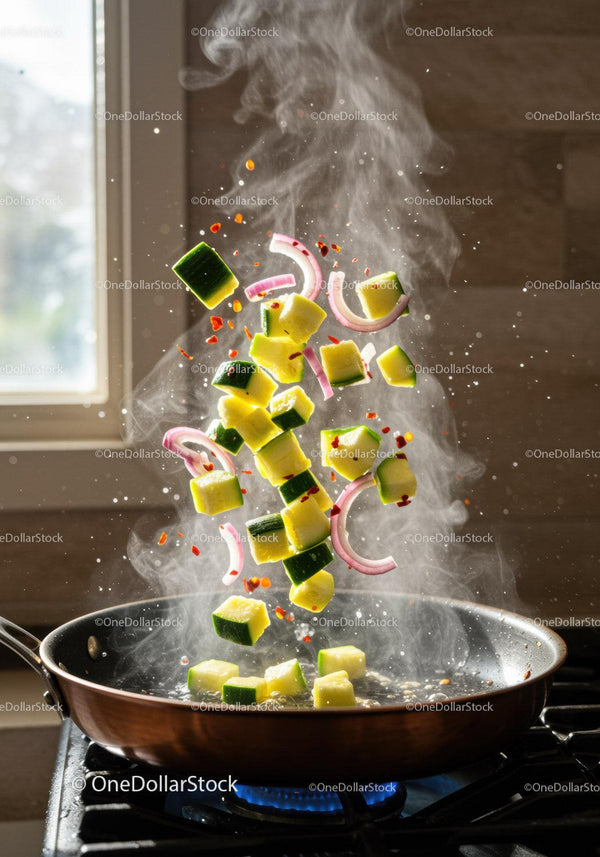 Fresh vegetables sizzling in a hot skillet with steam