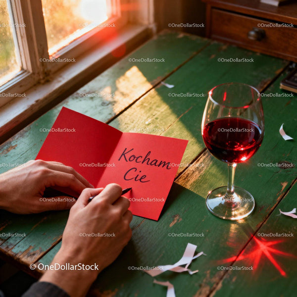 Writing a Romantic Note Next to a Glass of Red Wine