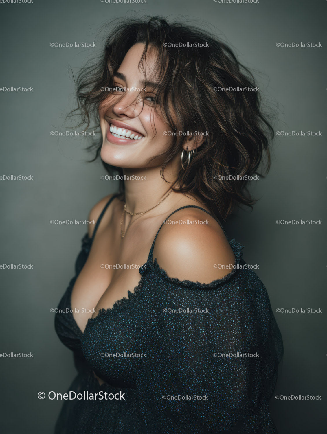 Woman with Short Wavy Hair Smiling in Studio Portrait