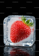 Fresh strawberry frozen inside a clear ice cube