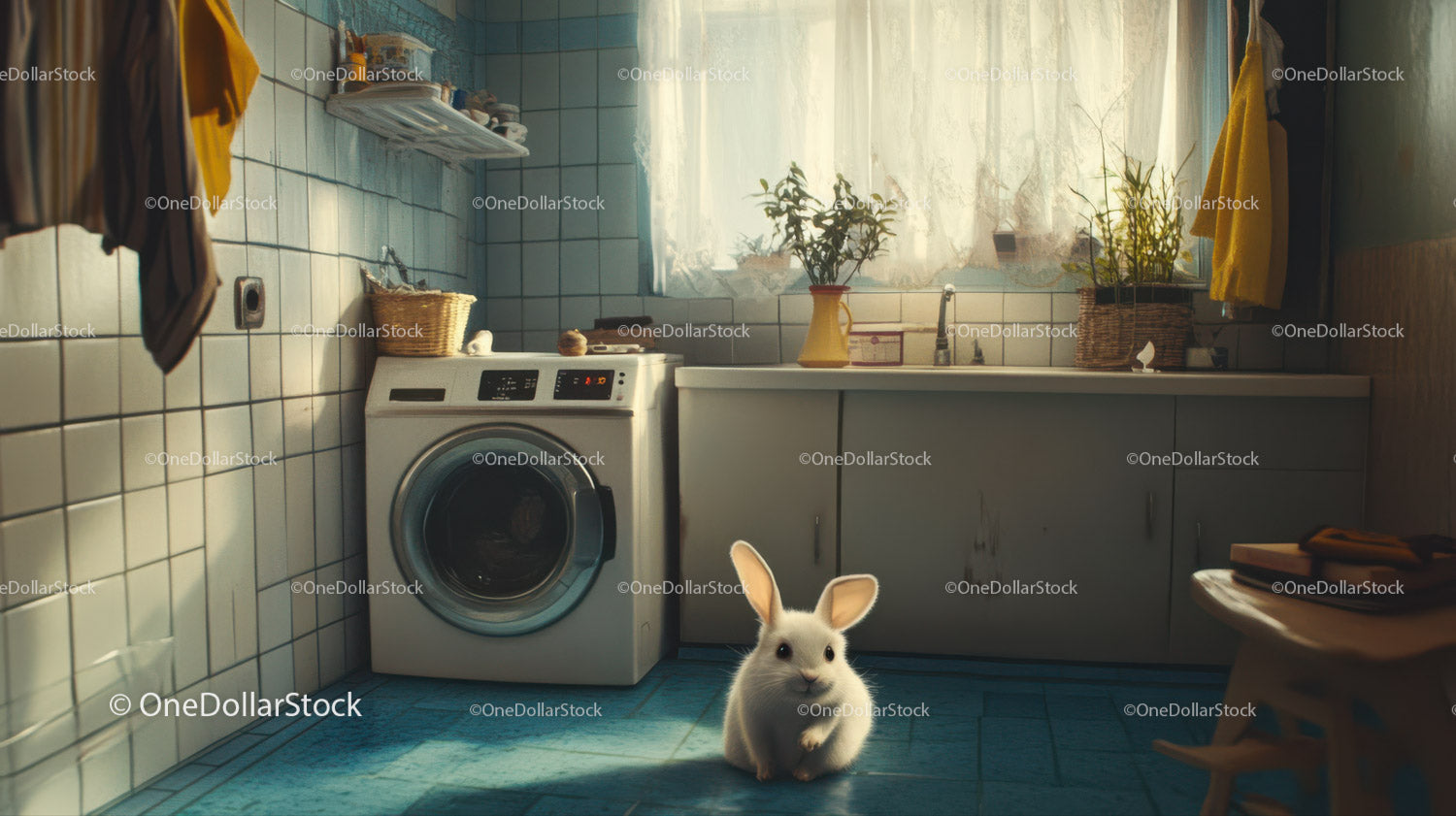 Cute White Rabbit in a Cozy Kitchen with Sunlight Filtering Through Curtains