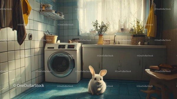 White Rabbit Sitting On Blue Tiled Laundry Room Floor