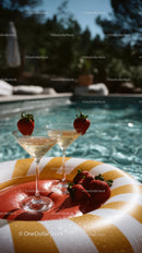 Strawberry Cocktails on Poolside Float in Bright Summer Setting