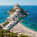 Scenic Coastal Town with White Buildings and Sandy Beach by Crystal Waters