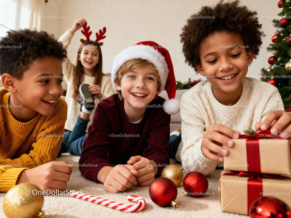 Happy kids enjoying Christmas celebration at home