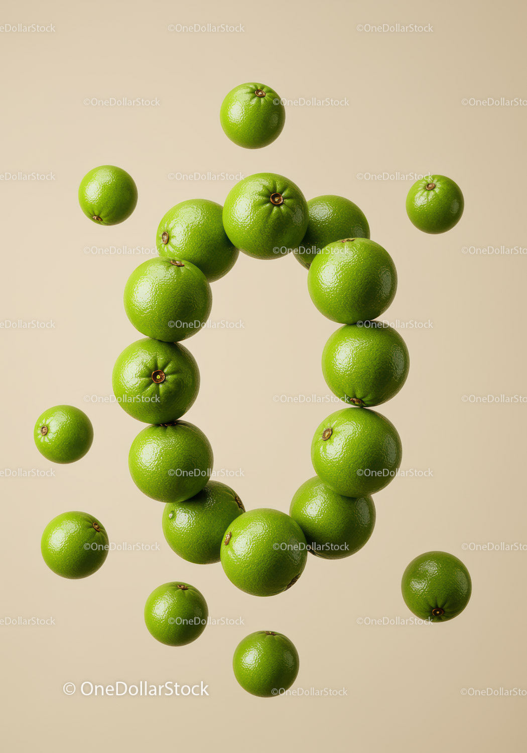 Fresh green limes floating in circular formation on beige