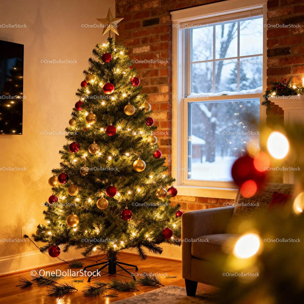 Cozy Christmas Tree with Lights and Red Ornaments