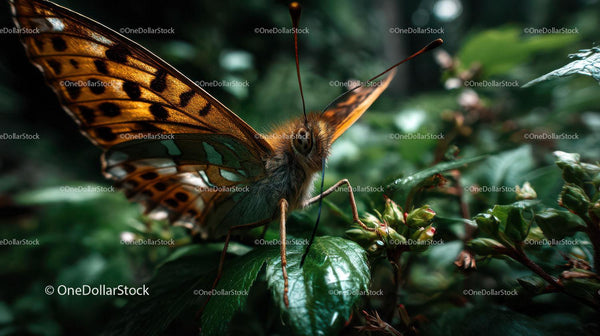 Colorful Butterfly Resting Among Green Garden Leaves