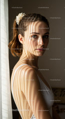Portrait of a Young Woman with Shadow Stripes and Calm Expression