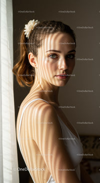 Portrait of a Young Woman with Shadow Stripes and Calm Expression