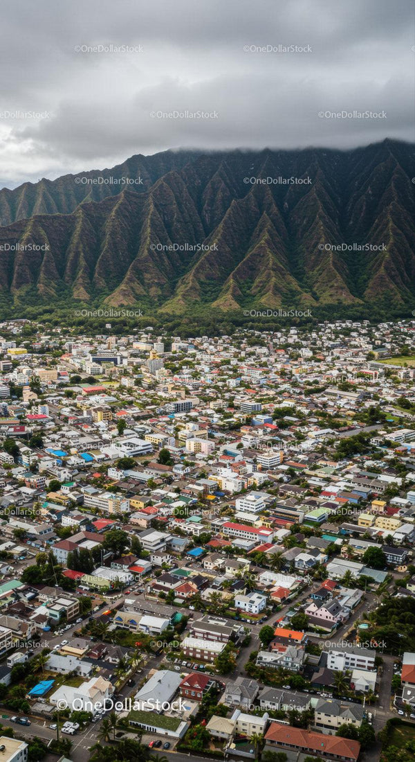 Urban Residential Area with Mountain Background Under Cloudy Sky