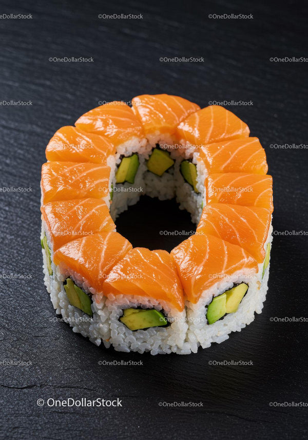 Fresh salmon sushi roll with avocado on black slate