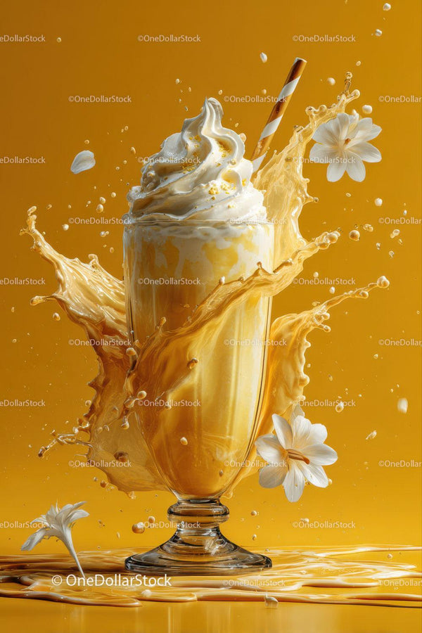Creamy Milkshake with Splash and Flowers in Vibrant Orange Scene