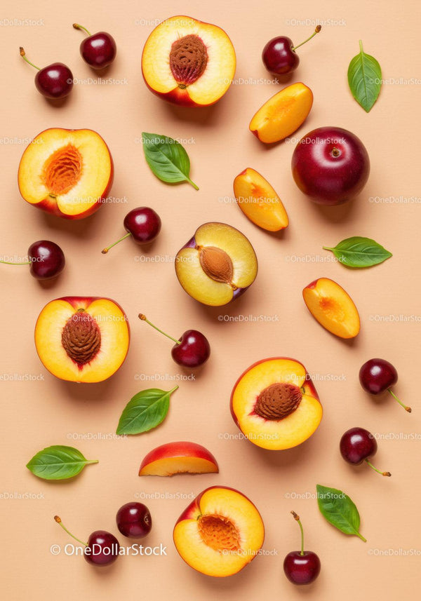 Fresh peaches and cherries with green leaves on beige
