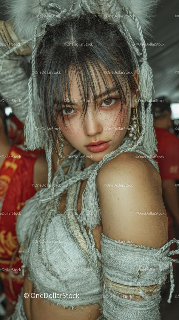 Intense Portrait of a Young Woman in Tribal Attire and Traditional Headdress