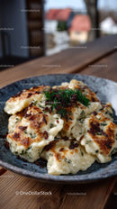 Pan-fried Dumplings with Crispy Edges and Herb Garnish