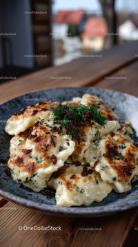 Pan-fried Dumplings with Crispy Edges and Herb Garnish