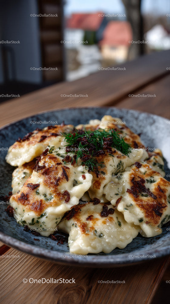 Pan-fried Dumplings with Crispy Edges and Herb Garnish