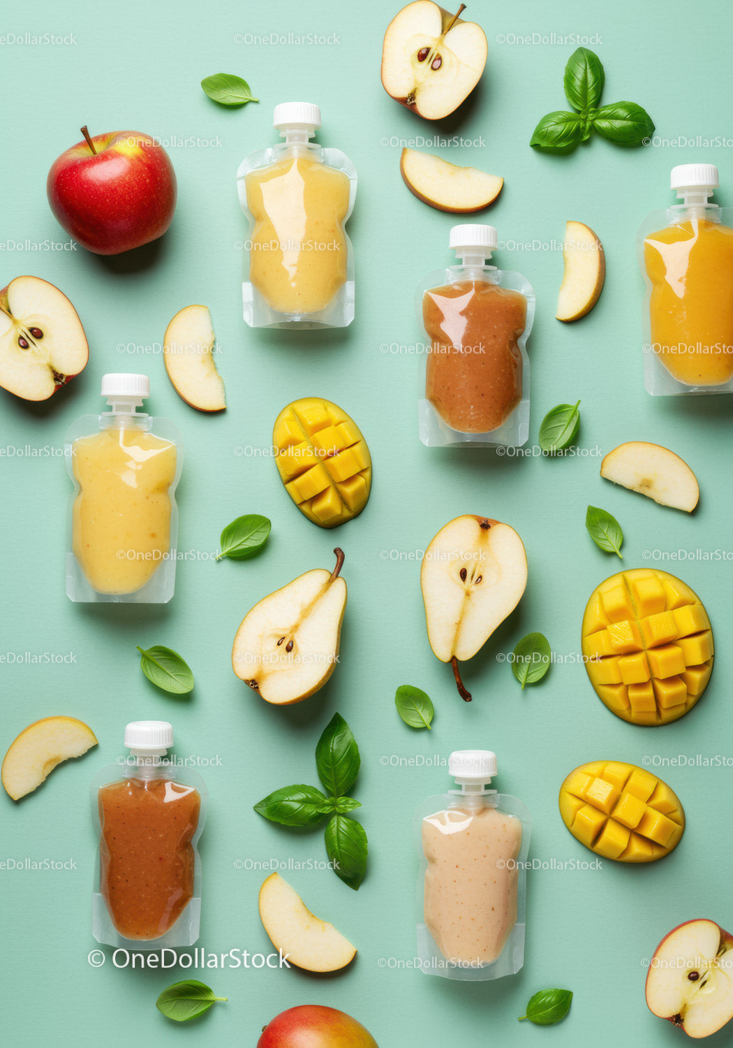 Assorted fruit purees with fresh mango apple and basil