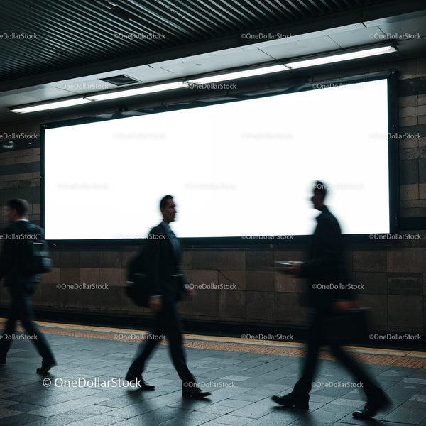 Blurred business commuters walking past blank billboard JPG Mockup Image