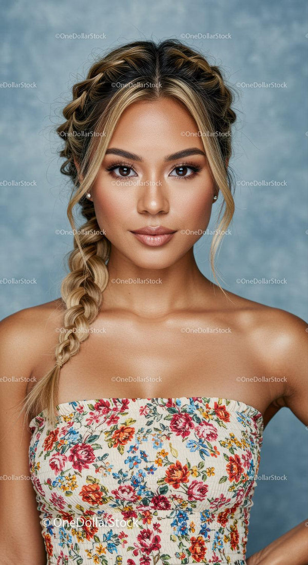 Stunning Blonde Woman in Floral Dress with Braided Hair in Outdoor Portrait