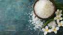 Bowl of White Jasmine Rice with Fresh Flowers and Rice Grains