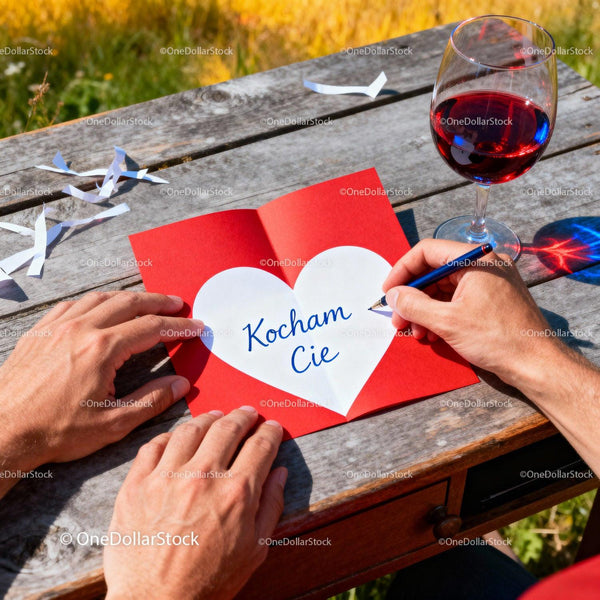 Pisanie szczerej miłosnej notatki na świeżym powietrzu z kieliszkiem wina