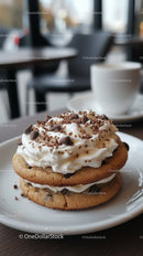 Chocolate Chip Cookies with Cream and Chocolate Shavings in a Cafe
