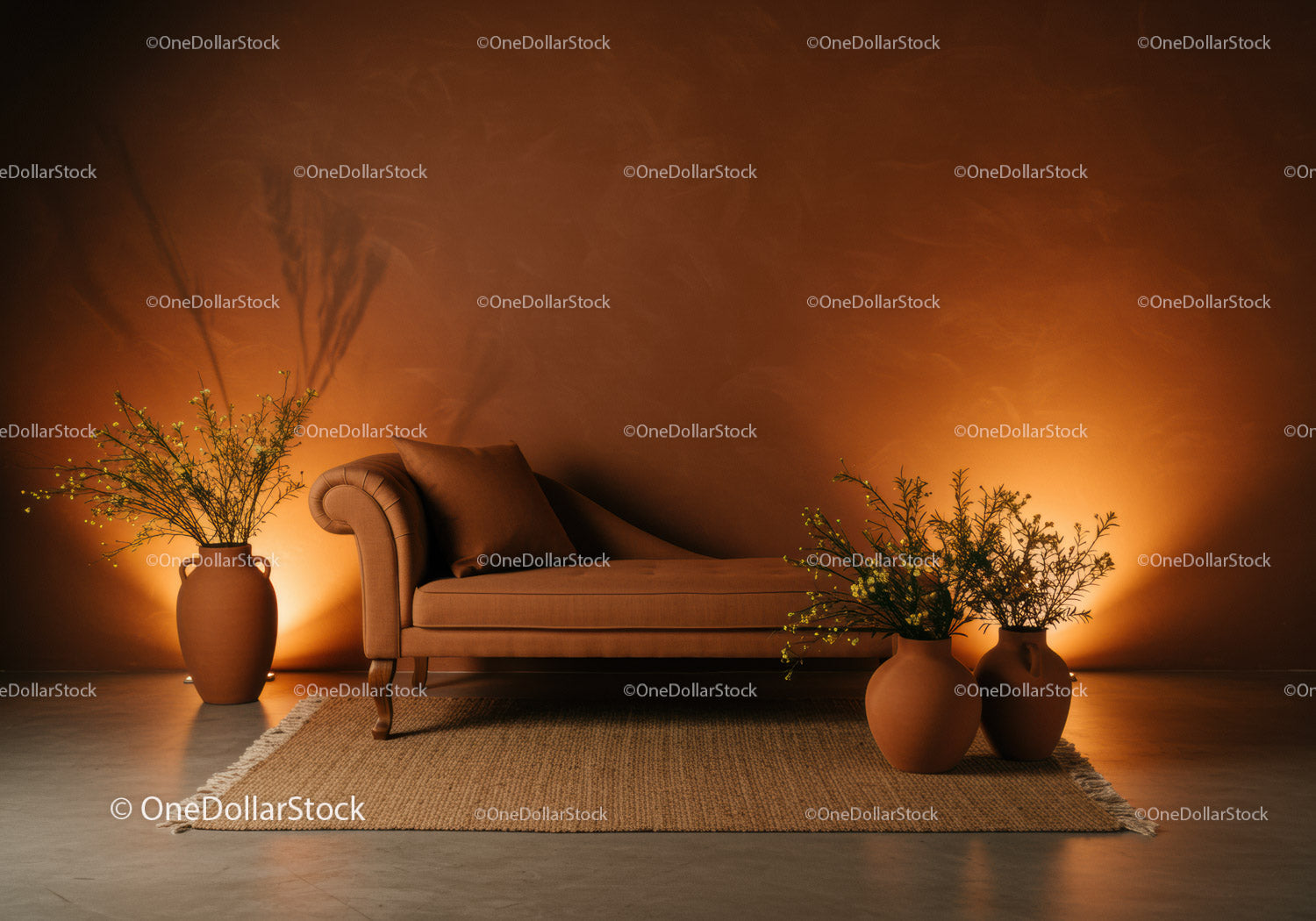 Cozy vintage chaise lounge with decorative vases