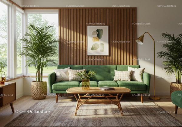 Cozy living room with green sofa and natural decor