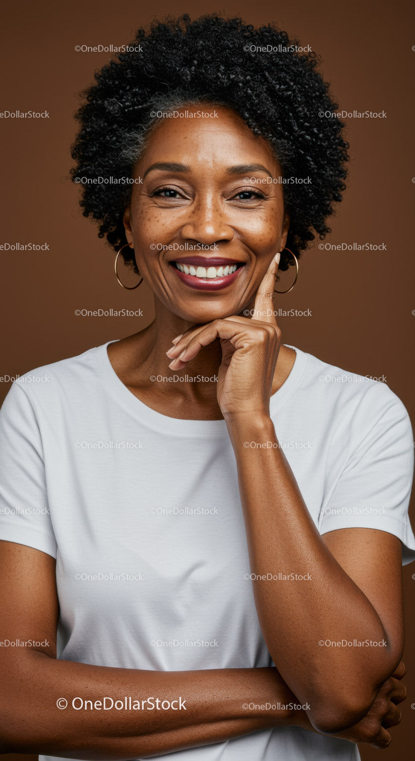 Portrait of Smiling African American Woman with Afro Hair and Hoop Earrings