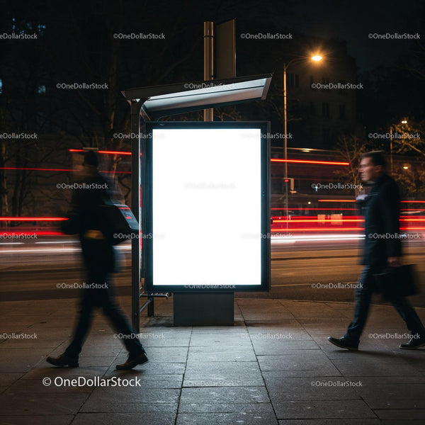 Urban night scene with illuminated advertising board JPG Mockup Image