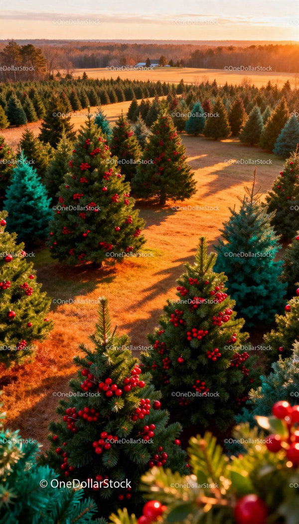 Christmas Tree Farm at Golden Hour with Red Berries