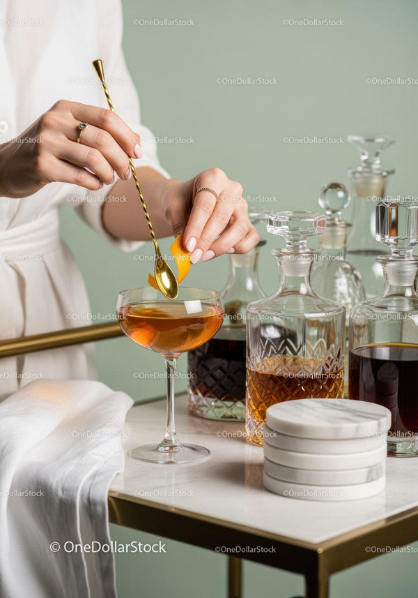 Elegant Cocktail in Stylish Glass with Orange Peel and Gold Spoon
