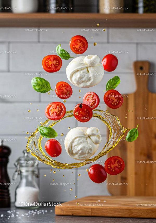Fresh mozzarella with cherry tomatoes and basil splash