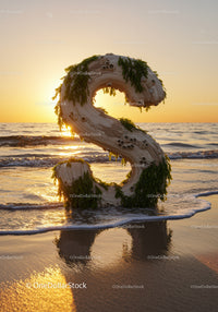 Wooden Letter S with Greenery on Beach at Sunset