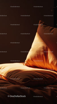 Warm Orange-Brown Bed with Cushions and Soft Lighting