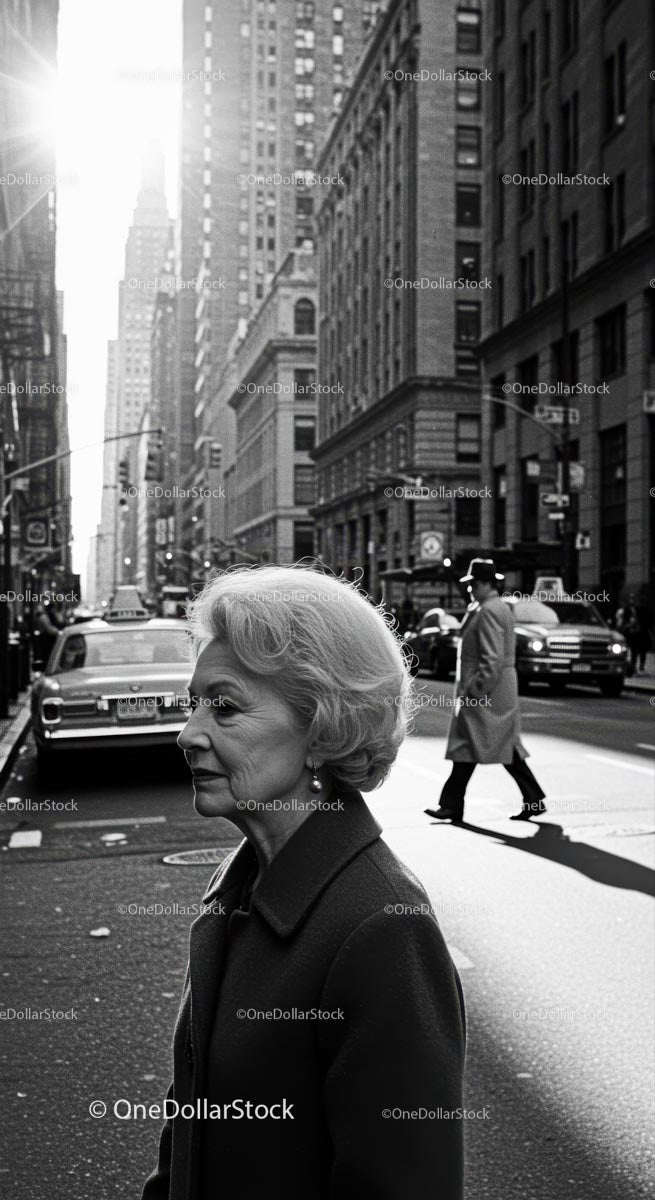 Elderly Woman in Busy City Street Surrounded by Vintage Cars