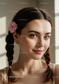 Close-Up Portrait of a Young Woman with Pigtails and Pink Flower