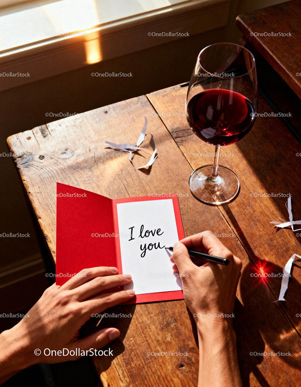 Writing a heartfelt love note by candlelight and red wine