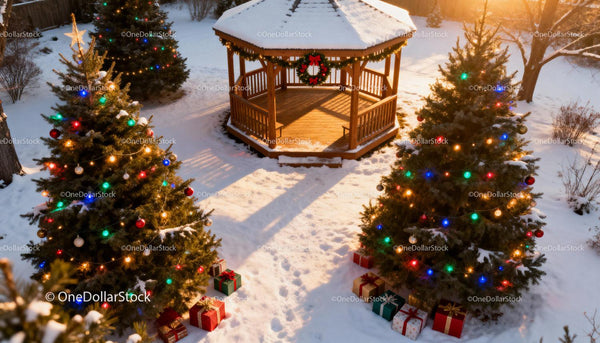 Festive Christmas Trees and Gifts Around Snowy Gazebo