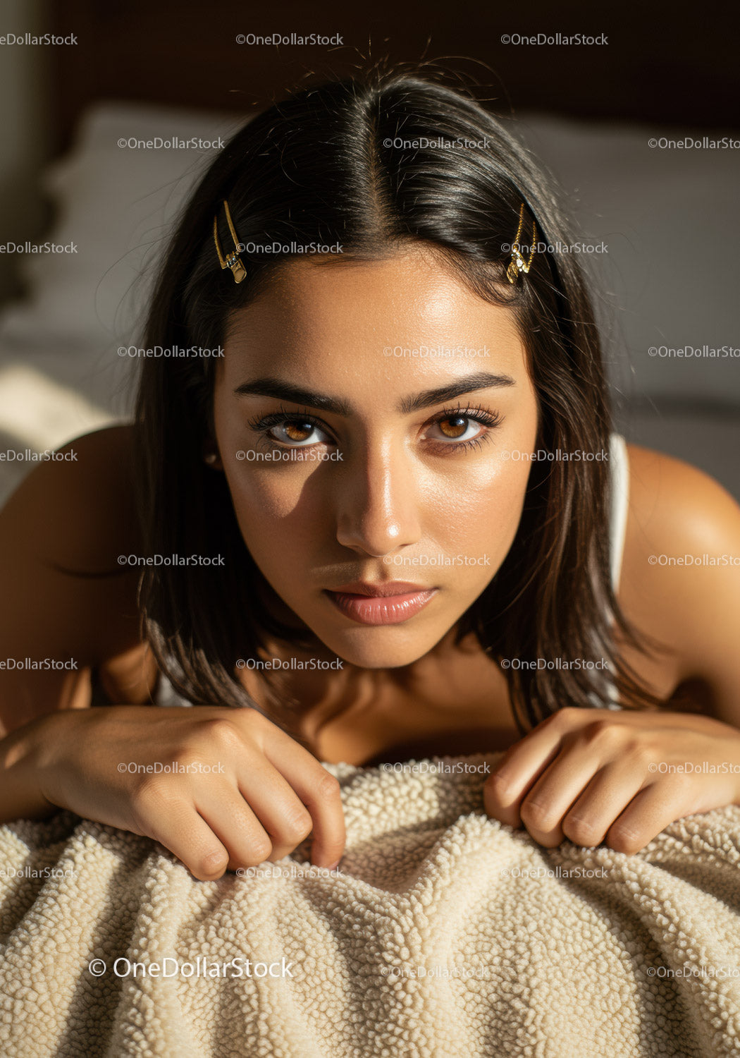 Elegant Young Woman with Brown Eyes and Soft Light in Indoor Setting