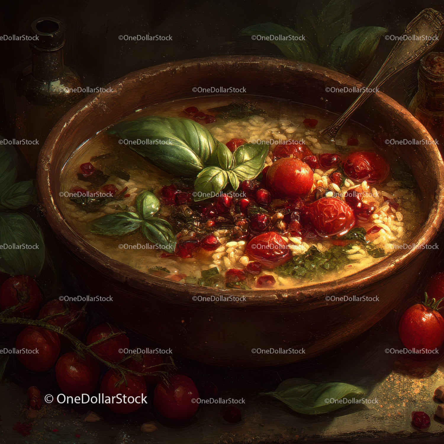 Tomato Soup with Basil and Fresh Tomatoes in Rustic Bowl