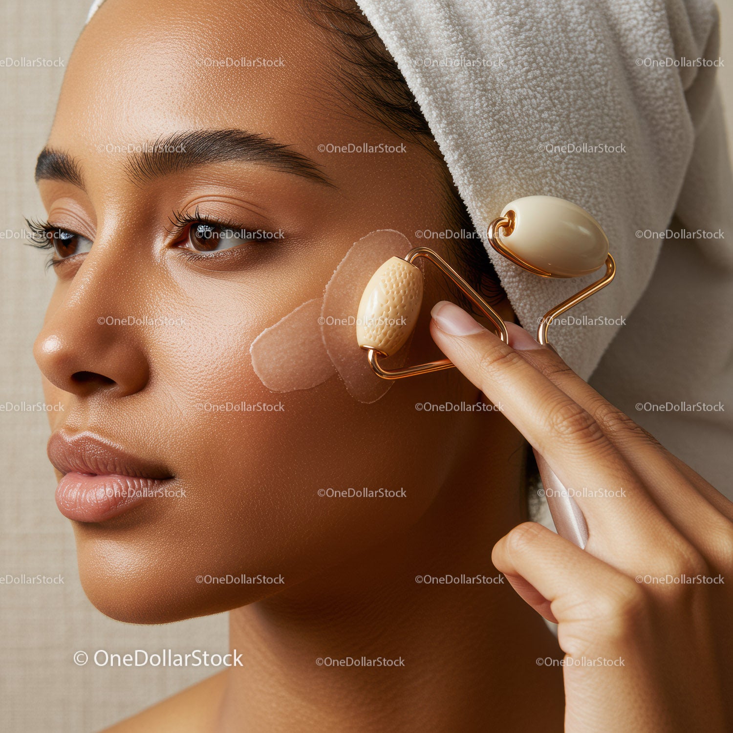 Close-up of a Woman Using a Jade Roller for Facial Massage